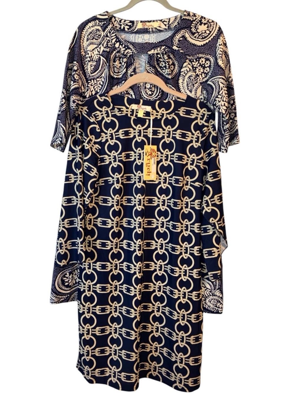 Bundle: 2 ARYEH Dresses Women's, Navy / Cream patterned Mini Dresses.